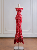 Red classic floral print strapless fitted waist slim hips sexy long ball gown R8179