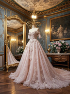 Pink off-the-shoulder waist-cinching slim-fit ballgown long prom dress R7931