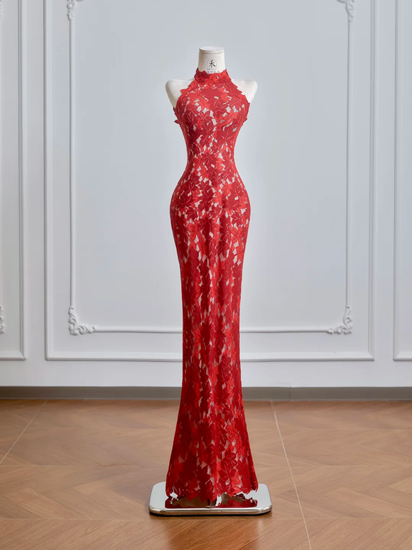 Red Chinese-style cheongsam with classic floral print, fitted waist and hip-hugging bodycon dress, ball gown, bridal gown R8209