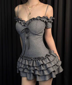 Gray one shoulder slim waist lace skirt short skirt homecoming dress R2842