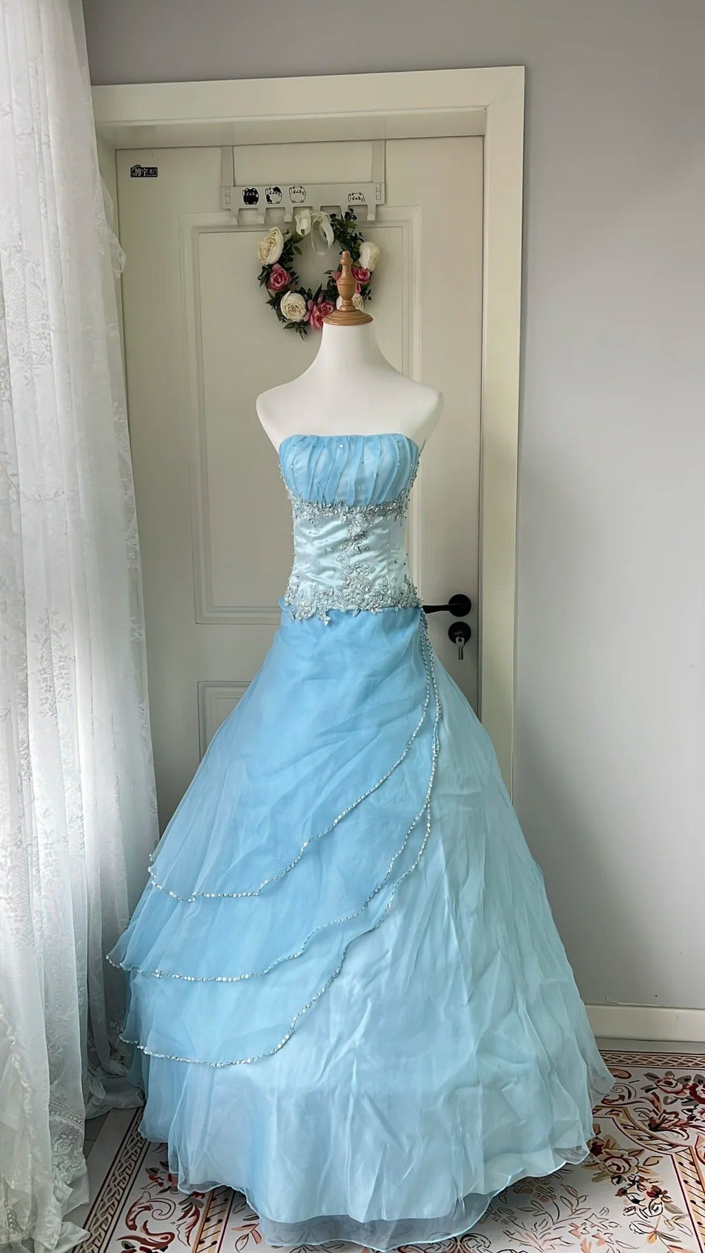 Dreamy Princess Blue Strapless Embroidered Tulle Ball Gown Evening Dress Sweet 16 Dress cc5348