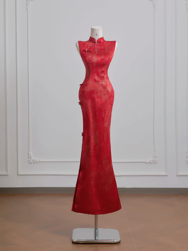Red Chinese-style cheongsam, classic fitted waist, bodycon ball gown, bridal dress R8210