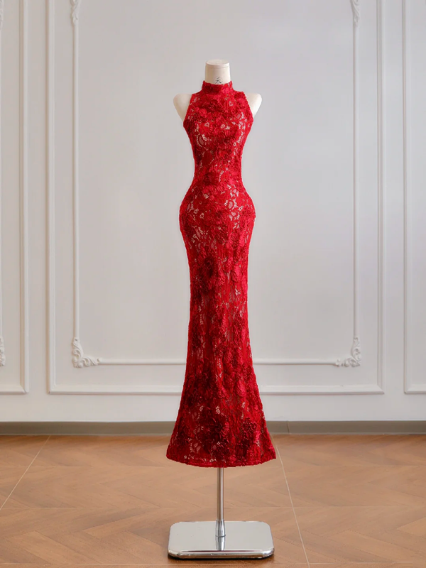 Red lace sleeveless fitted waist bodycon sexy long ball gown/bridal dress R8180