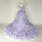 Light purple strapless floor-length ball gown with a cinched waist; bridal gown R7298