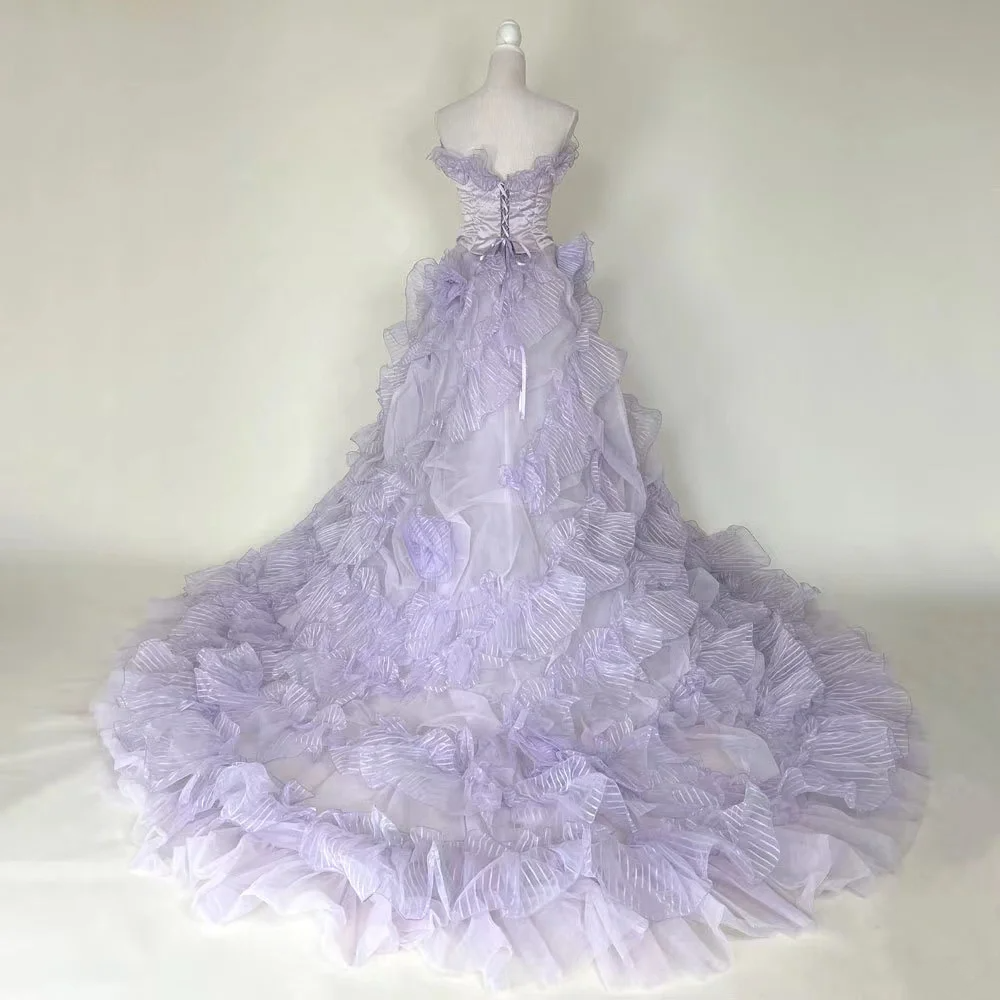 Light purple strapless floor-length ball gown with a cinched waist; bridal gown R7298