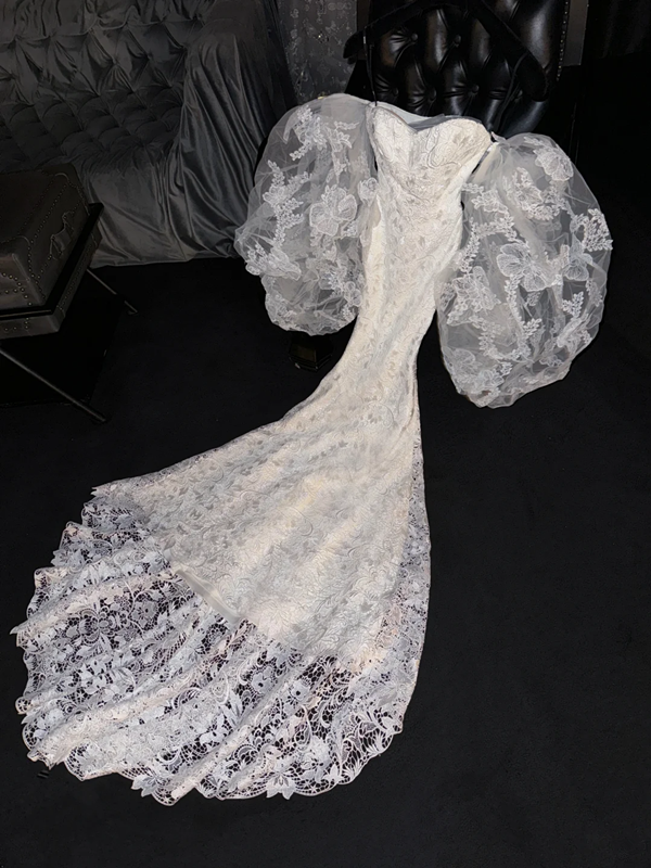 White strapless, fitted waist, bodycon skirt, sexy long ball gown, bridal dress R8782