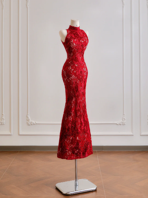Red lace sleeveless fitted waist bodycon sexy long ball gown/bridal dress R8180