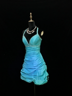 Light blue halter-neck fitted short ball gown R8693