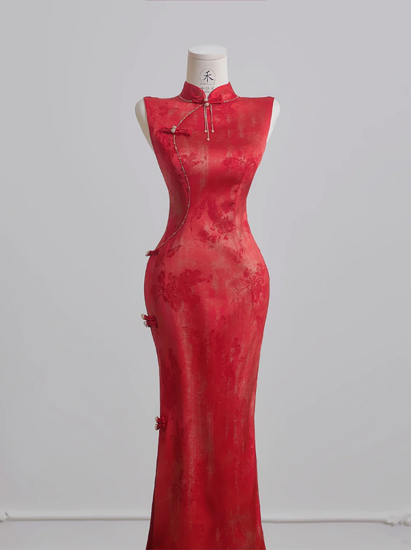 Red Chinese-style cheongsam, classic fitted waist, bodycon ball gown, bridal dress R8210