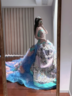 Light blue floral print strapless fitted waist slim-fitting ball gown with a full skirt R8629