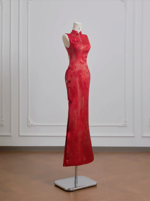 Red Chinese-style cheongsam, classic fitted waist, bodycon ball gown, bridal dress R8210