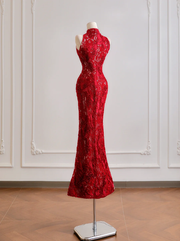 Red lace sleeveless fitted waist bodycon sexy long ball gown/bridal dress R8180