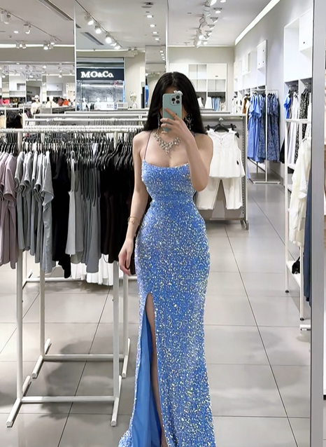 Blue strapless fitted waist slim-fit sexy slit long ball gown R7892