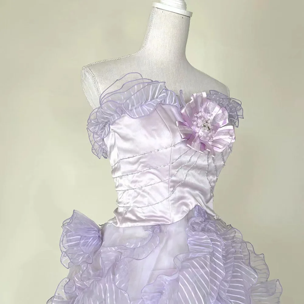 Light purple strapless floor-length ball gown with a cinched waist; bridal gown R7298