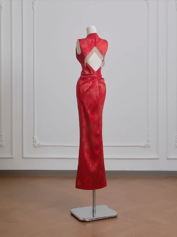 Red Chinese-style cheongsam, classic fitted waist, bodycon ball gown, bridal dress R8210