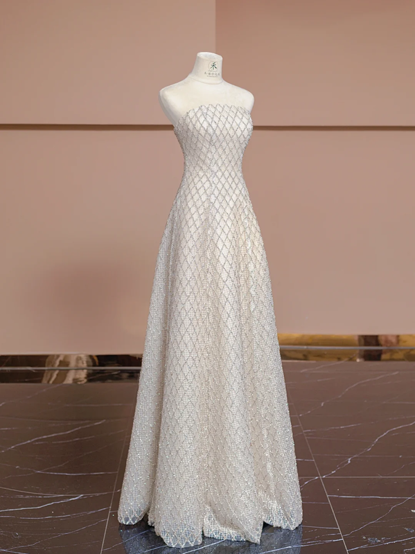 Light champagne-colored strapless fitted long ball gown, bridal dress R8353