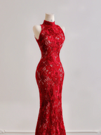 Red lace sleeveless fitted waist bodycon sexy long ball gown/bridal dress R8180