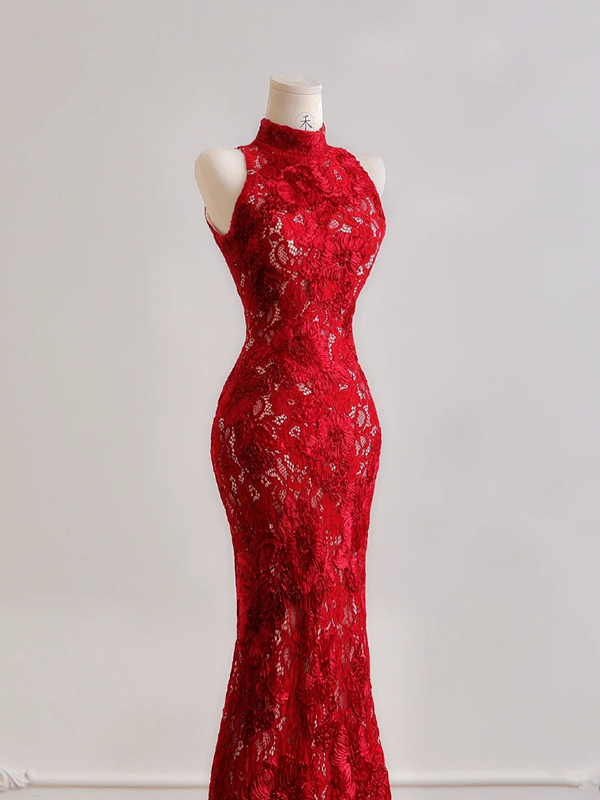 Red lace sleeveless fitted waist bodycon sexy long ball gown/bridal dress R8180