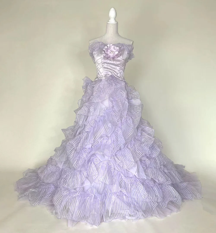Light purple strapless floor-length ball gown with a cinched waist; bridal gown R7298