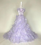 Light purple strapless floor-length ball gown with a cinched waist; bridal gown R7298
