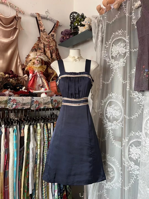 Navy Blue Spaghetti Strap Waist-Cinched A-Line Short-Length Ball Gown R7424