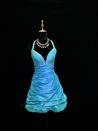 Light blue halter-neck fitted short ball gown R8693