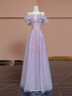 Light purple off-shoulder fitted A-line long ball gown/bridal dress R8296