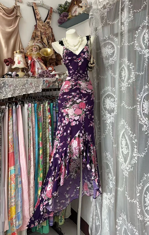 Purple halter top with pink floral print, fitted waist, asymmetrical hem, long ball gown R7813