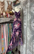 Purple halter top with pink floral print, fitted waist, asymmetrical hem, long ball gown R7813