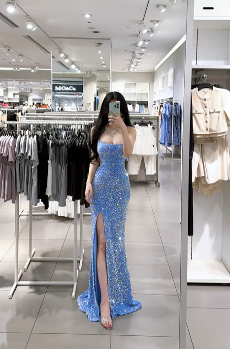 Blue strapless fitted waist slim-fit sexy slit long ball gown R7892