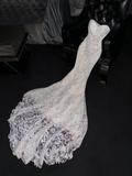White strapless, fitted waist, bodycon skirt, sexy long ball gown, bridal dress R8782