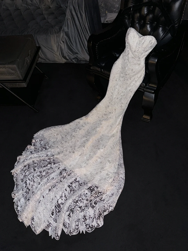White strapless, fitted waist, bodycon skirt, sexy long ball gown, bridal dress R8782