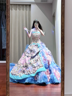 Light blue floral print strapless fitted waist slim-fitting ball gown with a full skirt R8629