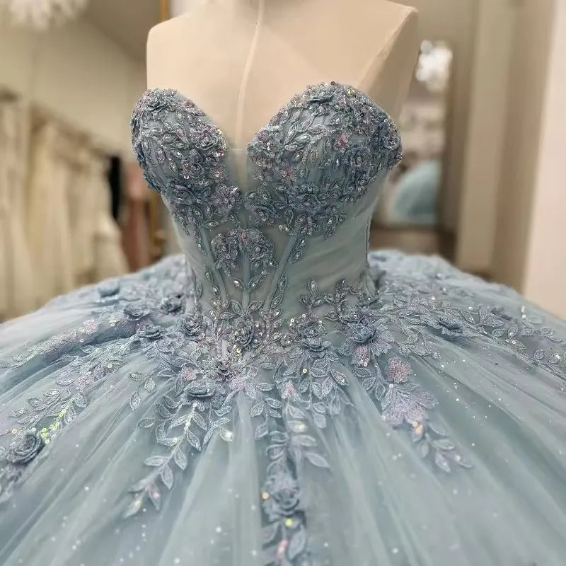 Sparkly Light Blue Quinceanera Dress Cape Flower Lace Vestidos de 15 Anos Birthday Party Princess Ball Gown
