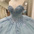 Sparkly Light Blue Quinceanera Dress Cape Flower Lace Vestidos de 15 Anos Birthday Party Princess Ball Gown