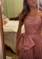 Chic Pink High Low Strapless Long Prom Dress  Sequin Layered Party Gown Evening Dress cc1499