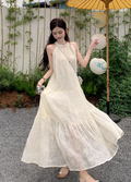 White lace off-shoulder beach maxi dress holiday suspender dress French retro dress R1697