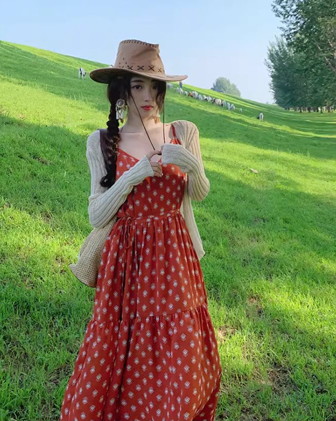 Beach holiday dress travel wear chiffon retro red dress floral loose suspender beach dress R1599