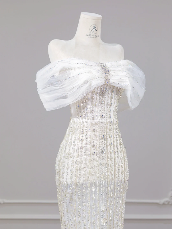 White, sparkling, off-the-shoulder, fitted, bodycon long ball gown/bridal dress R8267