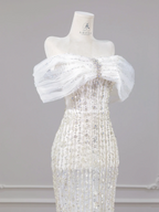 White, sparkling, off-the-shoulder, fitted, bodycon long ball gown/bridal dress R8267