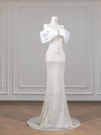 White, sparkling, off-the-shoulder, fitted, bodycon long ball gown/bridal dress R8267
