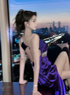 Purple One-Shoulder Waist-Cinched Fitted High-Slit Floor-Length Sexy Prom Dress R7106