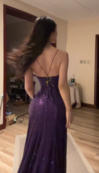 Purple halter-neck fitted long sexy ball gown R7546