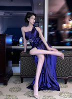 Purple One-Shoulder Waist-Cinched Fitted High-Slit Floor-Length Sexy Prom Dress R7106