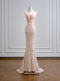 Light pink strapless, fitted waist, bodycon, sexy long ball gown R8183