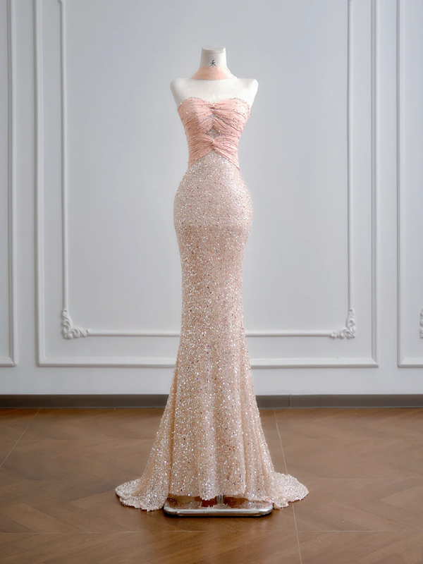 Light pink strapless, fitted waist, bodycon, sexy long ball gown R8183