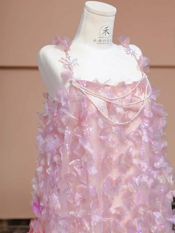 Light pink halter-neck straight long ball gown, bridal dress R8325