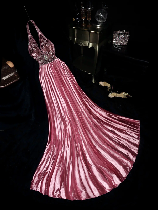 Pink halter neck fitted waist elegant long ball gown R6865