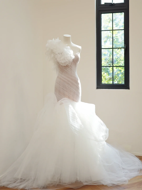 Light pink strapless fitted waist bodycon dress with sexy white skirt sexy ball gown/bridal gown R8502