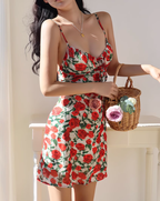 French sexy backless waist slim rose print retro suspender long dress holiday dress R2803